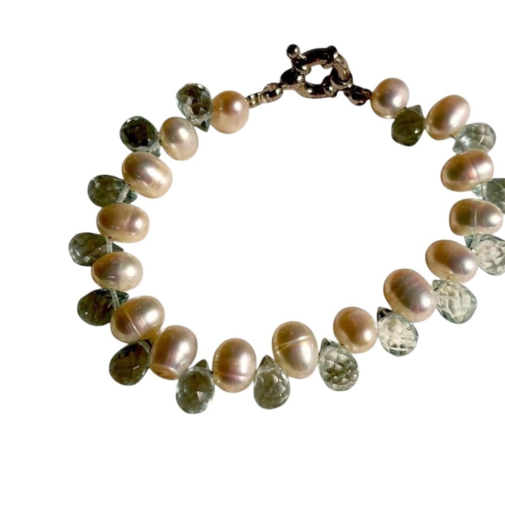 Freshwater Pearl and Aquamarine Gemstone Bracelet Silver Clasp 6.75 Inch